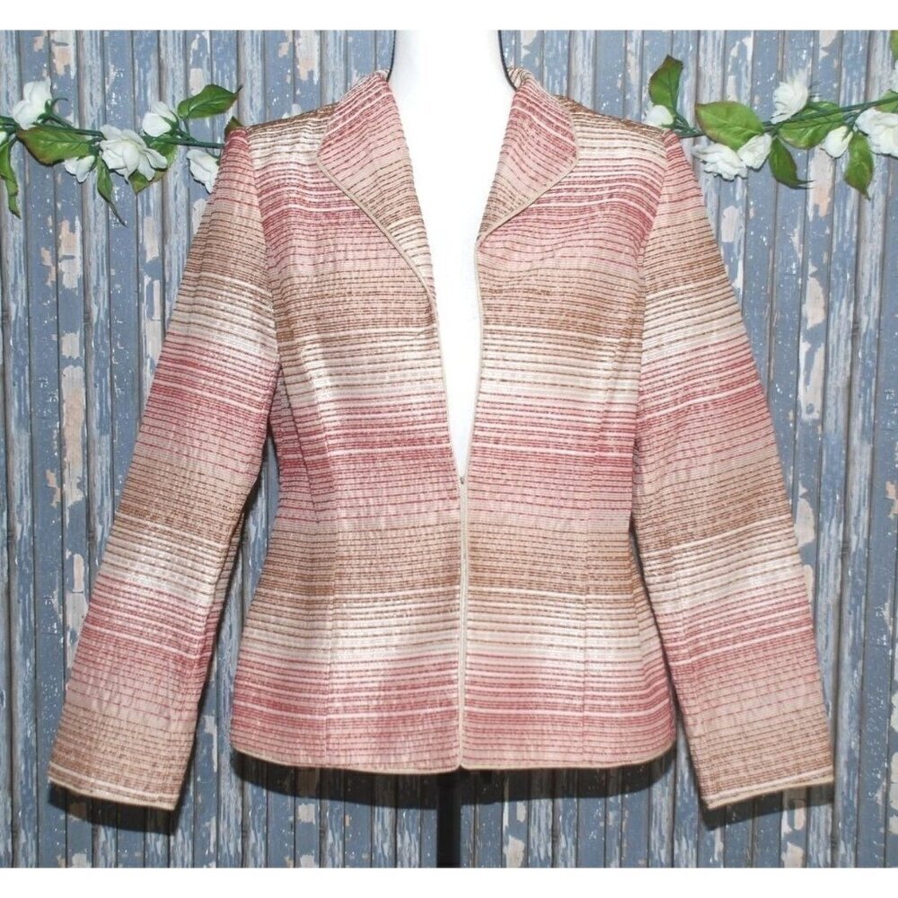 Appleseed's Ladies Neutral Striped Open Front Blazer Jacket Size 8 Office Career